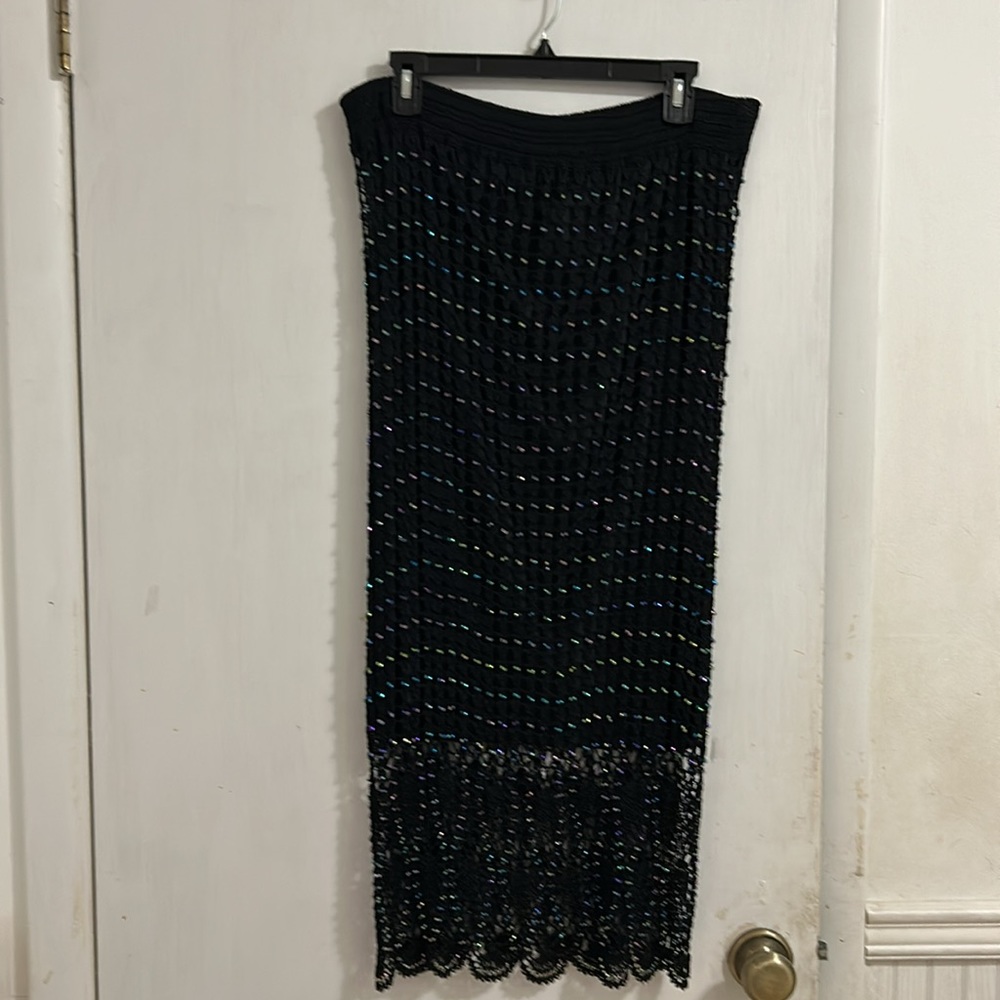 NWT Susan Collection Women Elegant Black Crotchet and Beaded Midi Pencil Skirt.